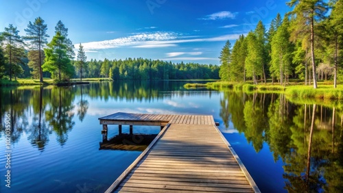 Idyllic wooden pier by river lake with evergreen trees and clear blue sky reflecting in water, perfect for eco-friendly resort spa sauna in Finland