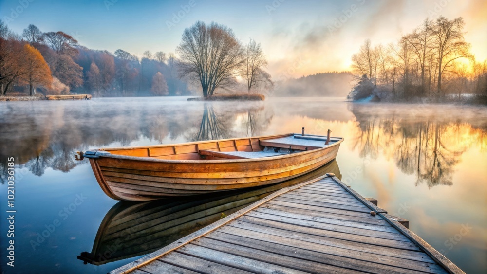 Obraz premium Vintage wooden rowboat covered in frost moored to tranquil lake dock on foggy morning