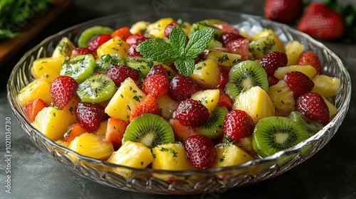 A vibrant fruit salad featuring pineapple, kiwi, strawberries, and grapes, served in a glass bowl with a sprig of mint on top