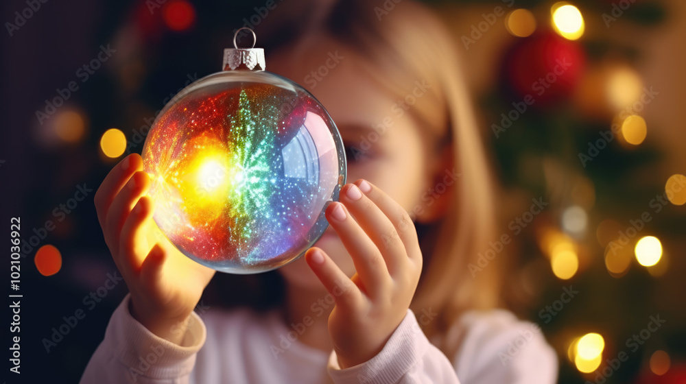 Fototapeta premium generated illustration of kid holding a rainbow christmas bauble