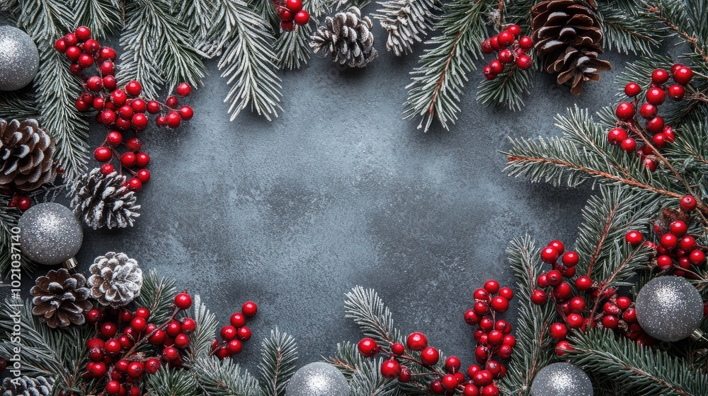 Winter Christmas border of frosted pine needles, red berries, and silver ornaments, capturing the crisp cold and joyful sense of renewal. Copy space in the middle. Winter Christmas border of frosted pine needles, red berries, and silver ornaments, capturing the crisp cold and joyful sense of renewal. Copy space in the middle.