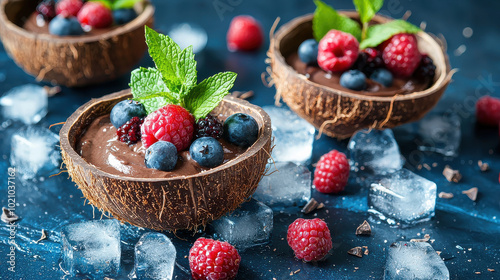 Three coconut shells filled with creamy chocolate mousse and assorted fresh berries, surrounded by ice cubes, symbolizing indulgence and culinary creativity. photo