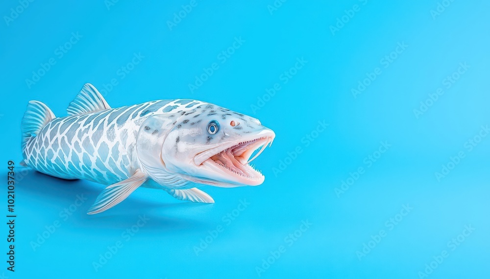 Naklejka premium A vibrant fish with an open mouth on a bright blue background.