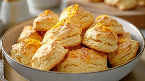 A bowl of freshly baked orange scones arranged on a tray, with orange zest sprinkled on top