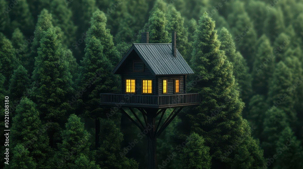 A cozy treehouse nestled among tall evergreen trees, illuminated warmly at night, evoking a sense of adventure and tranquility. A cozy treehouse nestled among tall evergreen trees, illuminated warmly at night, evoking a sense of adventure and tranquility.