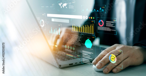 Financial business data analytics graph dashboard. Businessman using KPI dashboard. Management data System KPI connected in database for follow earnings,operations and sales data.	
