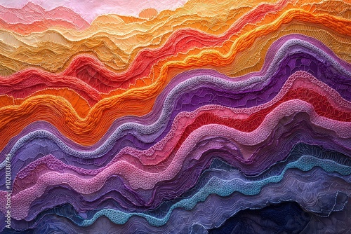 An embroidery of light purple, orange, and pink waves in the shape of mountains. 