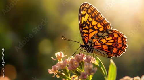 Vibrant butterfly perched on delicate flowers with sunlight illuminating its wings.