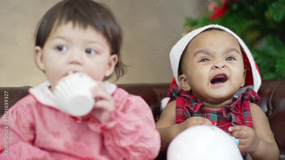 Two diverse baby girls in red dress holding present box sitting together on couch in the living room with Christmas tree background. Merry Christmas and Happy New Year Two diverse baby girls in red dress holding present box sitting together on couch in the living room with Christmas tree background. Merry Christmas and Happy New Year