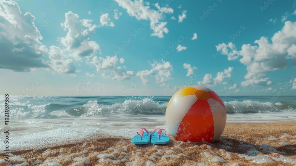 Summer vacation concept: flip-flops, beach ball, and snorkel on the sand. Summer vacation concept: flip-flops, beach ball, and snorkel on the sand.