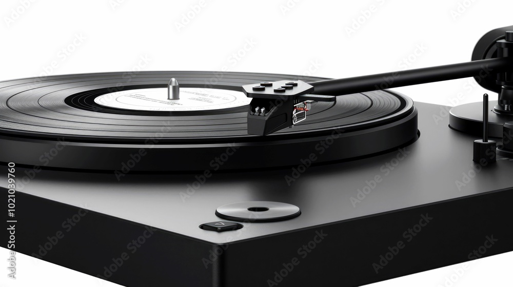 A close-up of a black vinyl record player showcasing its tonearm and platter. A close-up of a black vinyl record player showcasing its tonearm and platter.