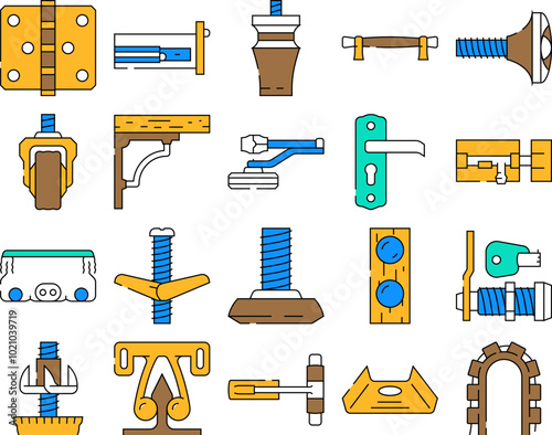 furniture fitting construction icons set vector. home house, repair carpenter, tool wood, hardware carpentry, equipment bolt furniture fitting construction color Contour Illustrations