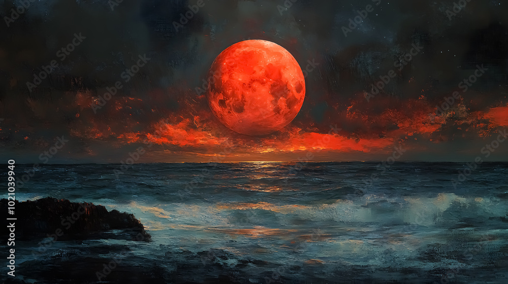 Red Moon Rising: The red moon rising above the horizon. Red Moon Rising: The red moon rising above the horizon.