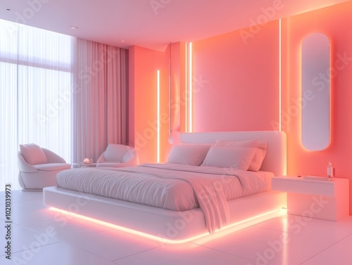 A sleek bedroom with coral walls, white furniture, and soft lighting for a cozy, minimalist feel