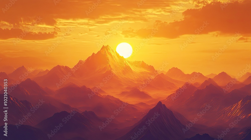 Fototapeta premium A bright orange sunset casting warm light over a serene mountain landscape