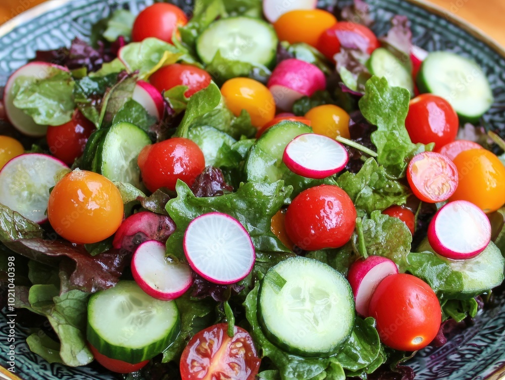A vibrant, fresh salad with cherry tomatoes, cucumbers, radishes, and leafy greens in a decorative bowl. A vibrant, fresh salad with cherry tomatoes, cucumbers, radishes, and leafy greens in a decorative bowl.