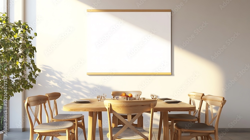 Fototapeta premium A minimalist dining room with a blank canvas, wooden chairs, and a table