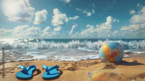 Fototapeta Naklejka Na Ścianę i Meble -  Summer vacation concept: flip-flops, beach ball, and snorkel on the sand.