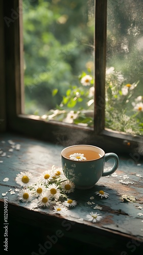 A cup of herbal tea with chamomile flowers on the saucer, sitting in an elegant teacup