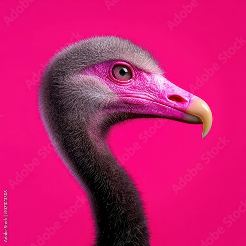 Ostrich head, vibrant pink background, close-up detail. photo