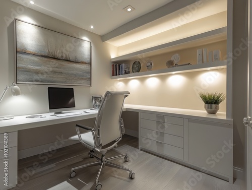 A sleek, modern basement office with a white desk, ergonomic chair, and built-in storage