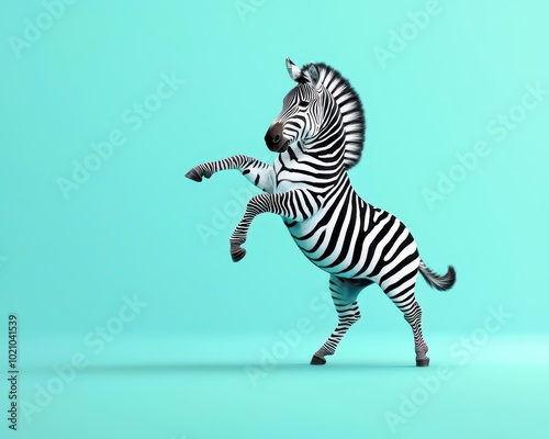 Playful zebra dancing against a vibrant turquoise background. photo
