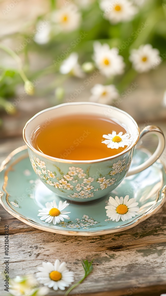A cup of herbal tea with chamomile flowers on the saucer, sitting in an elegant teacup A cup of herbal tea with chamomile flowers on the saucer, sitting in an elegant teacup