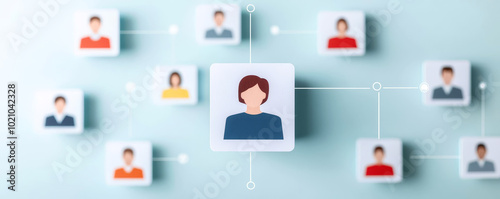 The image depicts a network of illustrated user avatars with a central figure, highlighting online connections and social interaction.