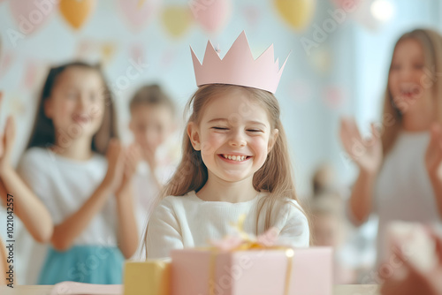 Birthday cute little girl in pink crown opening a present, with friends in the background. Birthday decoration for a girl with pink balloons. Event banner, poster, wallpaper. photo