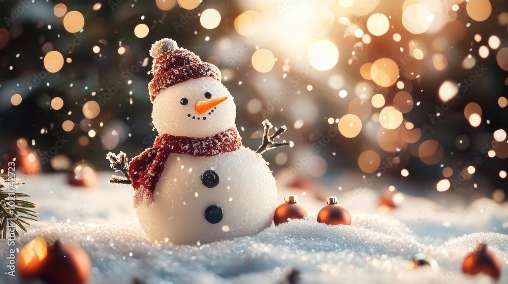 Adorable snowman with scarf and hat in snowy Christmas scene