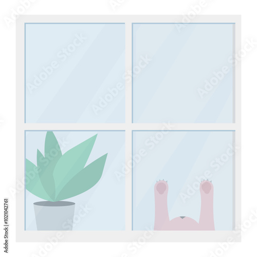 Cat trying to reach the window. Flat vector illustration.