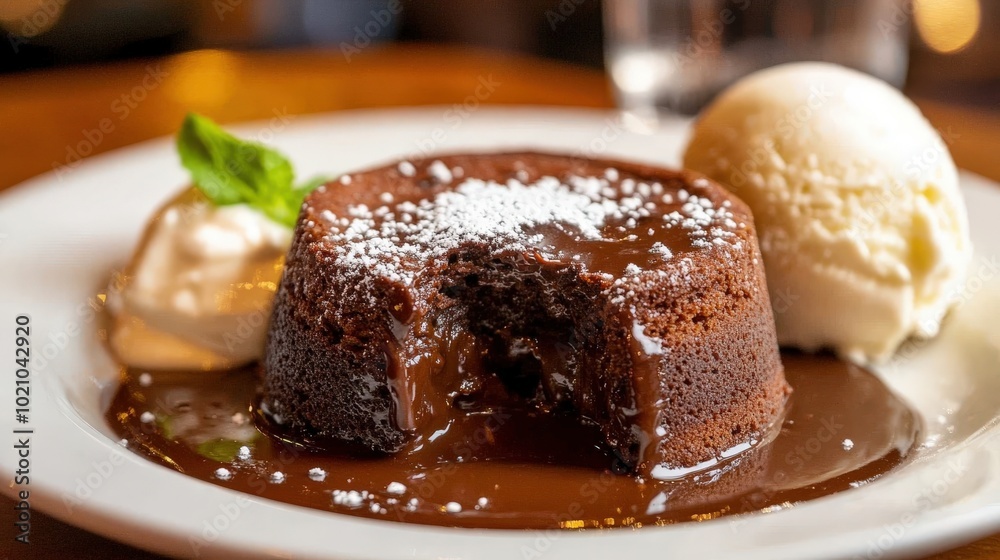Warm chocolate lava cake with a rich molten center, served with vanilla ice cream and a mint garnish. Warm chocolate lava cake with a rich molten center, served with vanilla ice cream and a mint garnish.