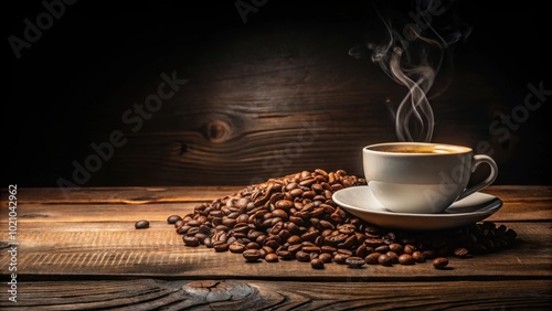 A steaming cup of coffee on a wooden table surrounded by roasted coffee beans.