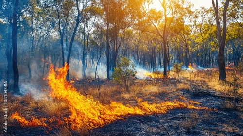 A bushfire burning in a dry forest, with firefighters battling the flames in the distance