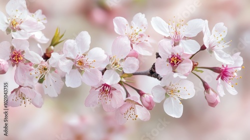 Close-up of delicate pink cherry blossoms in full bloom against a soft background.