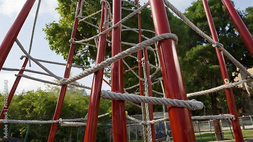 A tall jungle gym standing strong in the playground, its interconnected bars and ropes forming an intricate climbing challenge, inviting exploration. A tall jungle gym standing strong in the playground, its interconnected bars and ropes forming an intricate climbing challenge, inviting exploration.
