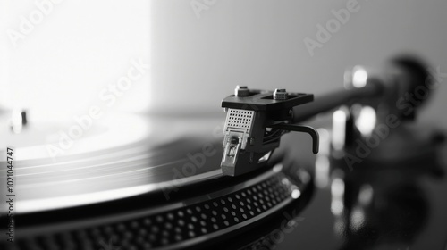 A close-up of a turntable needle resting on a vinyl record, capturing a moment in music playback.