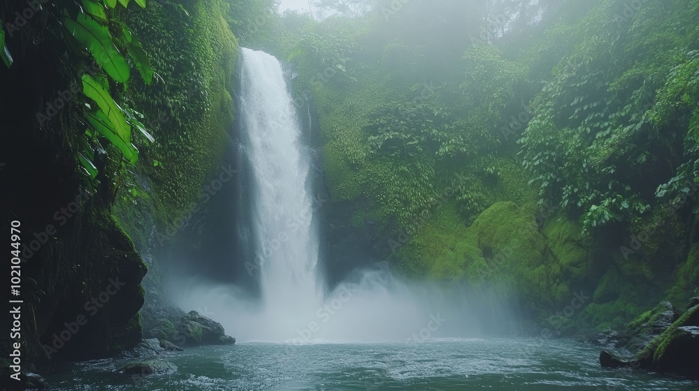 A cascading waterfall in a tropical rainforest, surrounded by lush green vegetation and mist rising from the cool waters below. A cascading waterfall in a tropical rainforest, surrounded by lush green vegetation and mist rising from the cool waters below.