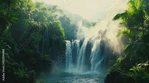 A cascading waterfall in a tropical rainforest, surrounded by lush green vegetation and mist rising from the cool waters below.