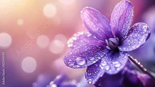 Close-up of a vibrant purple flower covered in dewdrops against a dreamy soft-focus background.