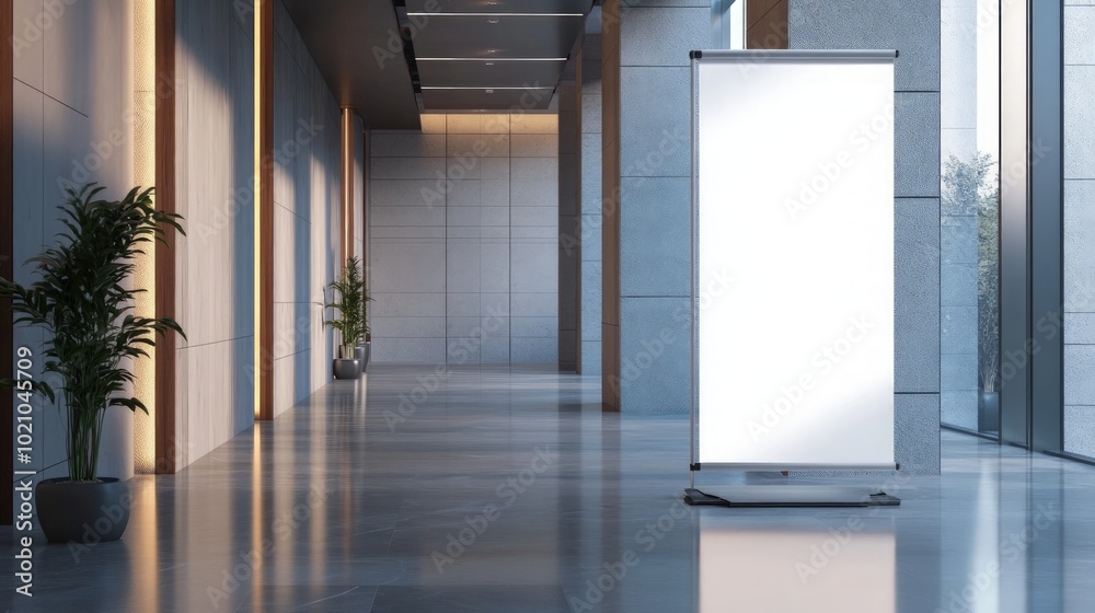 Elegant hallway display, pull-up banner mockup in sophisticated building, blank poster space for advertising or marketing message in contemporary interior setting Elegant hallway display, pull-up banner mockup in sophisticated building, blank poster space for advertising or marketing message in contemporary interior setting