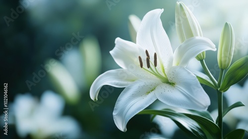 Close-up of a stunning white lily in bloom surrounded by lush green foliage.