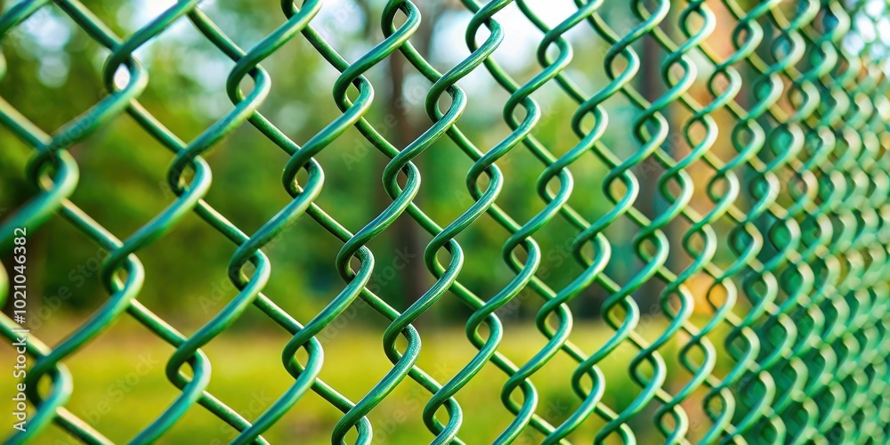 Fototapeta premium A close-up shot of a green chain-link fence with a blurry background of green foliage.