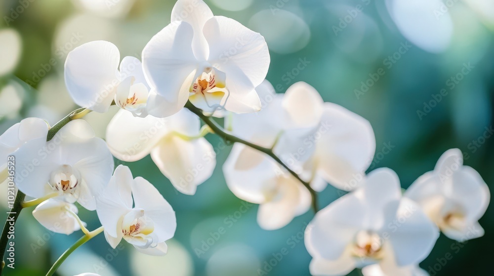 Fototapeta premium Delicate white orchids in bloom, illuminated by soft sunlight against a blurred green background.