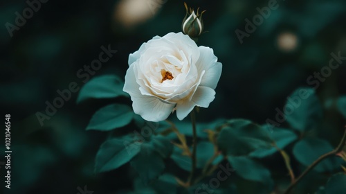 A delicate white rose blooming amidst dark green foliage on a serene day.