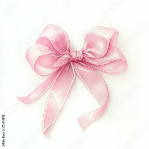 Delicate watercolor coquette bow, soft pink hues blending seamlessly, white background