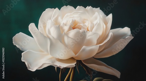 Close-up of a delicate white rose in full bloom against a dark green background.