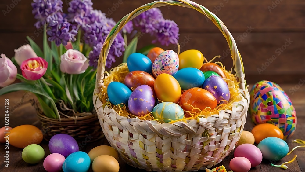 A collection of brightly painted Easter eggs resting in a straw nest, surrounded by soft spring flowers, creating a vibrant and festive scene. A collection of brightly painted Easter eggs resting in a straw nest, surrounded by soft spring flowers, creating a vibrant and festive scene.
