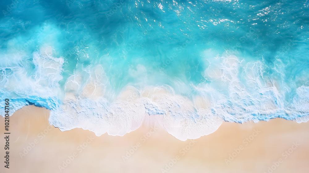 Relaxing Aerial Beach Scene: A peaceful aerial view of a beach with blue ocean lagoon, waves, and coastline, perfect for a summer vacation template. Relaxing Aerial Beach Scene: A peaceful aerial view of a beach with blue ocean lagoon, waves, and coastline, perfect for a summer vacation template.