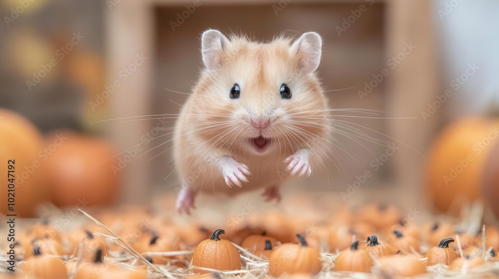 Cute hamster jumping amidst tiny pumpkins on a bed of straw. Cute hamster jumping amidst tiny pumpkins on a bed of straw.